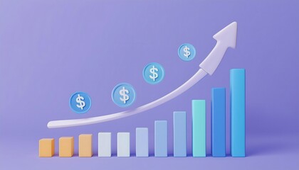 3D render of financial growth chart with arrows and graphs showing market progress and success.