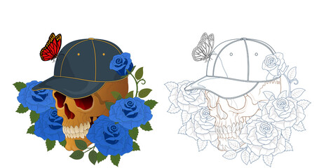 Skull and roses, hat and butterfly tattoo designs for each occupation, clean line work added, transparent background, ready to work immediately.