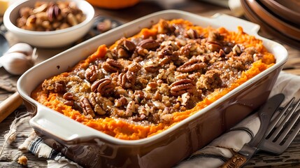 Sweet Potato Casserole with Pecan Topping.
