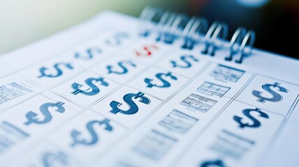 Close-up of a financial calendar with dollar signs, highlighting dates and financial planning in a notebook. Concept of budgeting and money management.