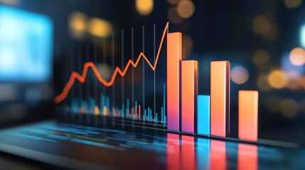 Dynamic financial graph showing growth data trends on a shiny digital screen in a professional business setting with blurred background.