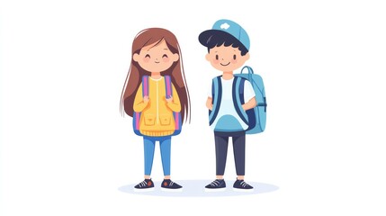 Fototapeta premium Kawaii girl and boy with matching backpacks, anime-style flat color vector illustration, isolated on white