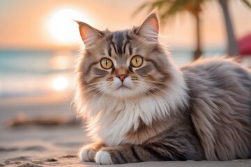 Obraz premium Fluffy Cat Relaxing on the Beach at Sunset.
