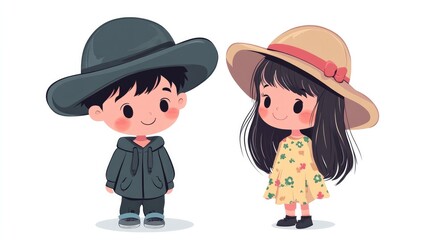 Kawaii little boy and girl with oversized hats, anime-style vector illustration, flat colors on white