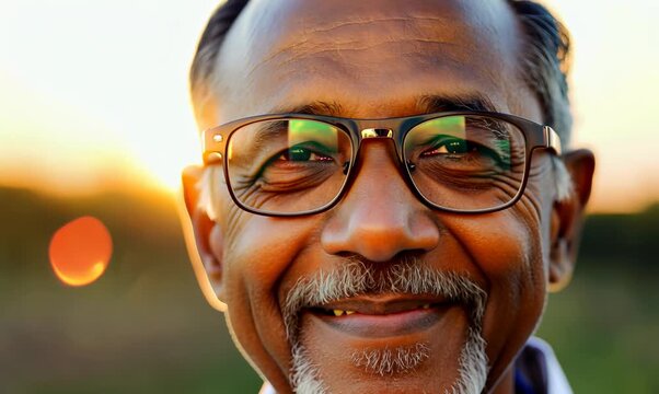 Portrait of a smiling Indian senior man in eyeglasses looking at camera