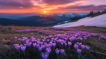 Fototapeta premium Purple Crocuses Bloom on a Mountainside at Sunset