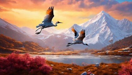 Three cranes dancing in a snowy Himalayan valley with colorful, detailed art and 3D shading