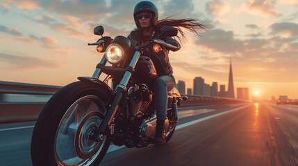 Japanese woman riding a motorcycle at sunset