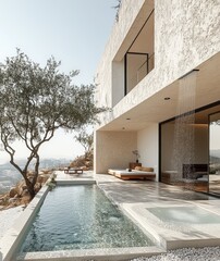 Modern hillside home with infinity pool and mountain views on a sunny day