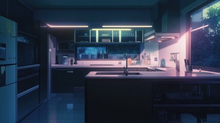 Obraz premium Modern anime kitchen with sleek countertops, stainless steel appliances, and bright lighting