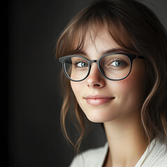 Fototapeta premium Close-up of a smiling young woman with round glasses against a dark background, portrait