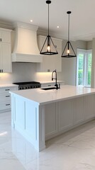 This modern kitchen showcases white cabinetry, black pendant lights, and stainless steel appliances, perfect for urban living and entertaining