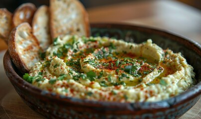 Hummus with coriander and fresh bread