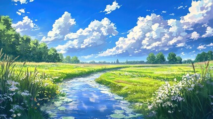 Serene anime summer scene of a peaceful stream, sunlit fields, and fluffy clouds floating in a deep blue sky
