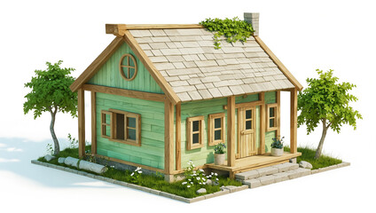 a small, green wooden house with a brown shingled roof.