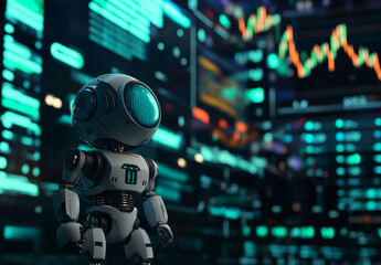 Fototapeta premium Futuristic Trading: Crypto Robot Analyzing Forex Charts