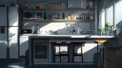 Sleek anime kitchen with high-end appliances, a breakfast bar, and open shelving
