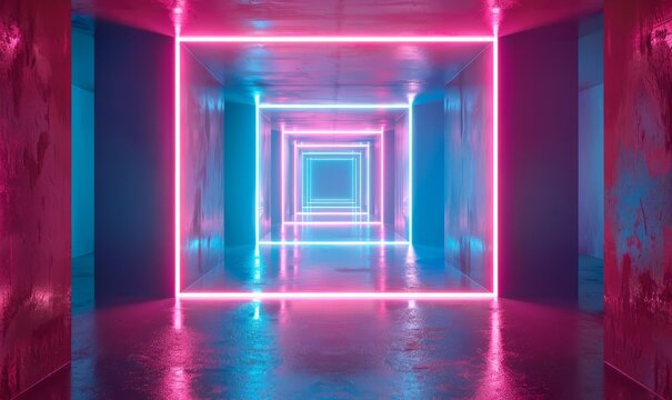 hypnotic geometric portal neon blue and pink light emanates from a pulsating square gateway distorting reality and beckoning viewers into another dimension