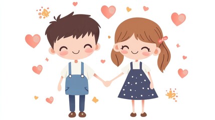 Smiling kawaii boy and girl holding hands, anime-style vector illustration, flat colors on white