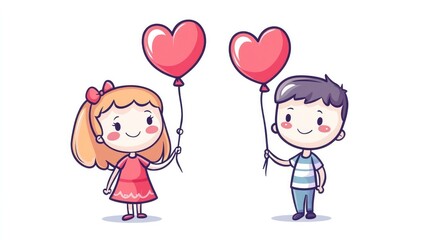 Smiling kawaii girl and boy with heart-shaped balloons, anime-style flat color vector art on white