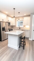 This modern kitchen showcases white cabinetry, black pendant lights, and stainless steel appliances, perfect for urban living and entertaining