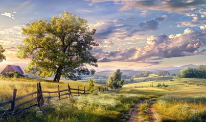 Obraz premium Impressionist-style landscape with soft brushstrokes and vivid colors, capturing the serene beauty of a countryside scene