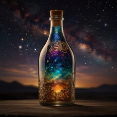  ornate glass bottle with an intricate, swirling pattern etched onto its surface serves as a vessel for a vibrant, shimmering galaxy, complete with twinkling stars

