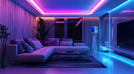 A modern living room featuring vibrant neon lighting, sleek furniture, and a cozy atmosphere perfect for relaxation and style.
