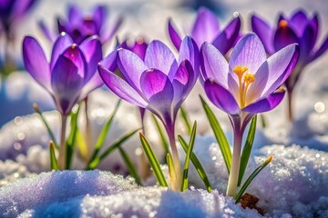 Vibrant purple crocuses push through remnants of winter snow in early spring, macro closeup of delicate petals and snowflakes with soft focus and copy space.