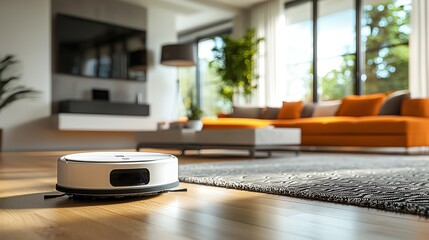 A modern robotic vacuum cleaner operates in a stylish living room, showcasing convenience and smart home technology.