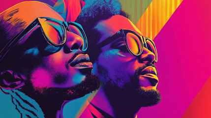 A bold and colorful poster promoting an upcoming music concert, with eye-catching typography and images of the featured artists.