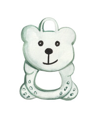 Watercolor illustration of a white teddy bear rattle toy with a hand-grasping hole, featuring soft pastel colors. Perfect for nursery decorations, children's themes, and baby-related designs.