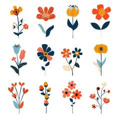 colorful flowers set minimalist illustration isolated on a white background 