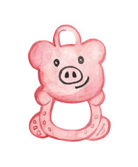 Watercolor illustration of a pink pig-shaped rattle toy with a hand-grasping hole, perfect for nursery decor, children's themes, and baby-related designs.