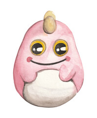 A watercolor illustration of a pink roly-poly dragon-dinosaur toy with a white belly. This adorable and whimsical creature is perfect for children's themes