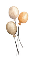 A watercolor illustration of three floating balloons in shades of orange and brown. These delightful balloons add a playful and festive touch to any design, making them perfect for children's themes