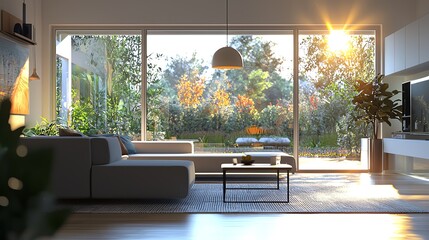 Fototapeta premium Bright and airy living room with modern design, showcasing a cozy couch and beautiful garden view through large windows.