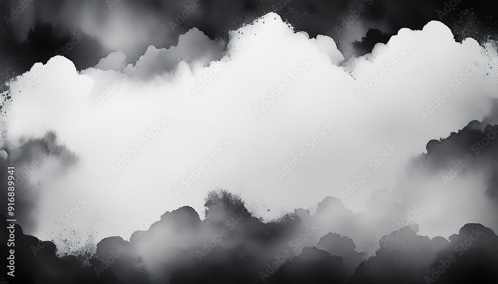 Wall mural black and white watercolor background texture abstract painted white clouds with dark gray border gr