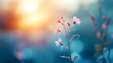 A delicate flower blooms against a dreamy sunset backdrop, creating a serene and tranquil atmosphere in nature's beauty.