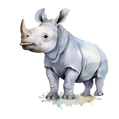 Obraz premium Cute Illustrated Baby Rhino with Bird Perched on Its Back