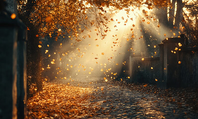 Naklejka premium An enchanting autumn scene with a sunlit alley turning through a park filled with golden foliage and tranquil beauty.
