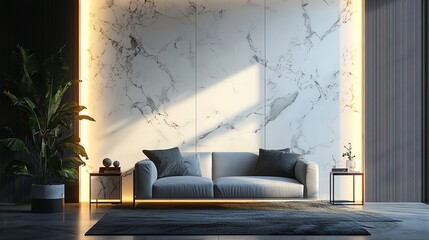 Elegant living room featuring a modern sofa, marble wall, and soft lighting for a calming ambiance.