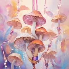 Mushrooms in watercolor technique on ribbons with crystals, delicate watercolor background with forest magic mushrooms, esotericism and mysticism