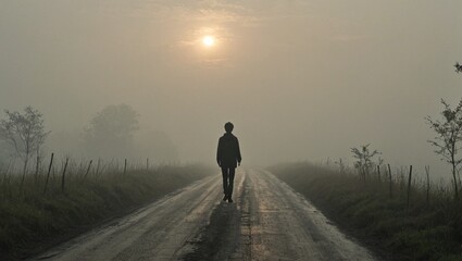 Obraz premium Lonely Figure in Foggy Country Road Anime Style