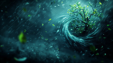 A dramatic scene capturing the intense power of a cyclone as it ravages a coastal forest. 