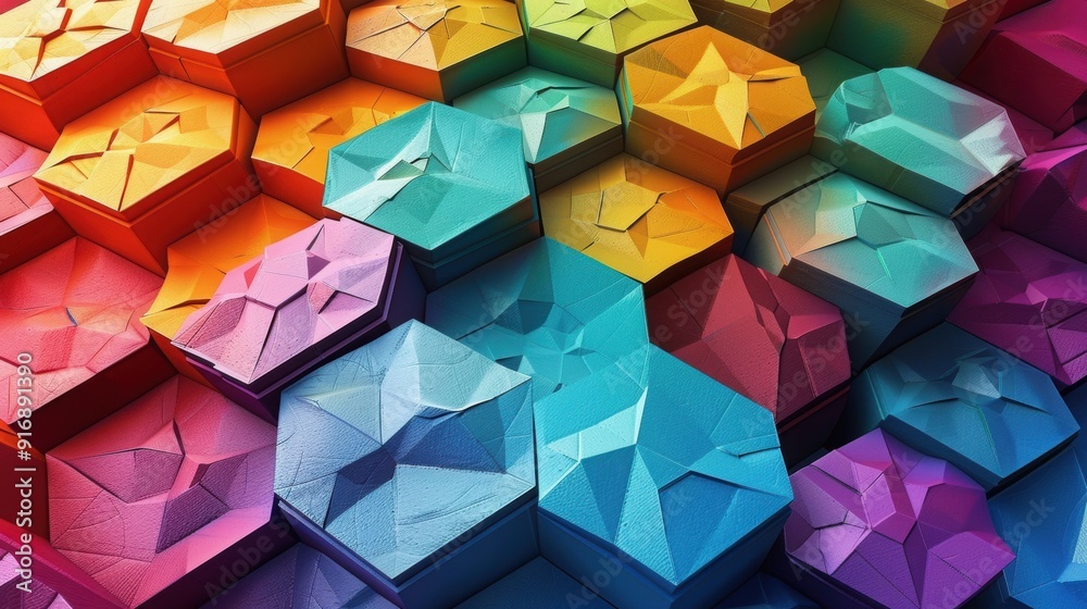 Poster a vibrant array of colorful geometric hexagons with a three-dimensional appearance, perfect for crea