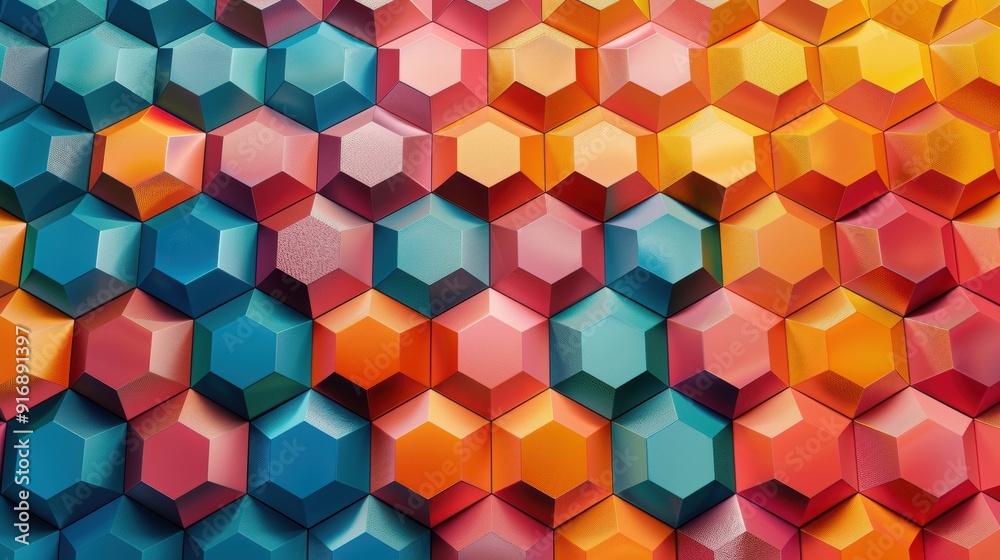 Poster a vibrant array of hexagonal patterns in various bright colors, creating an engaging and dynamic vis