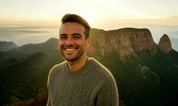 Group portrait video of a pleased man in his 40s that is wearing a chic cardigan at the Mount Roraima in Guiana Shield South America