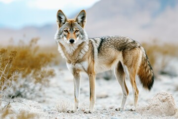 Obraz premium coyote standing alert in a national park, capturing the essence of wild canine survival in a desert ecosystem