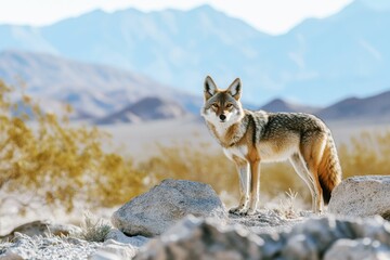 watchful coyote poised on a rocky outcrop overlooking the desert landscape with mountain backdrop